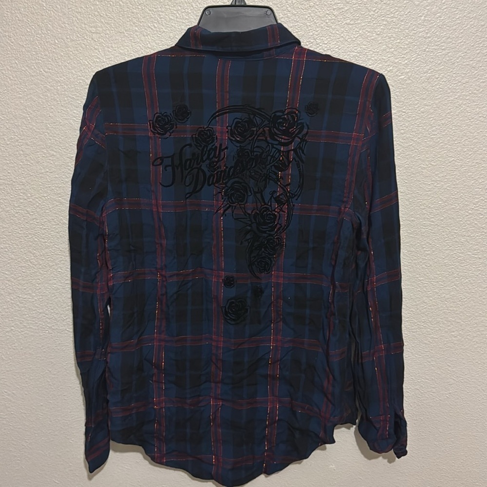 Harley-Davidson Flocked Roses Plaid Button Down Women’s Top - Picture 5 of 6
